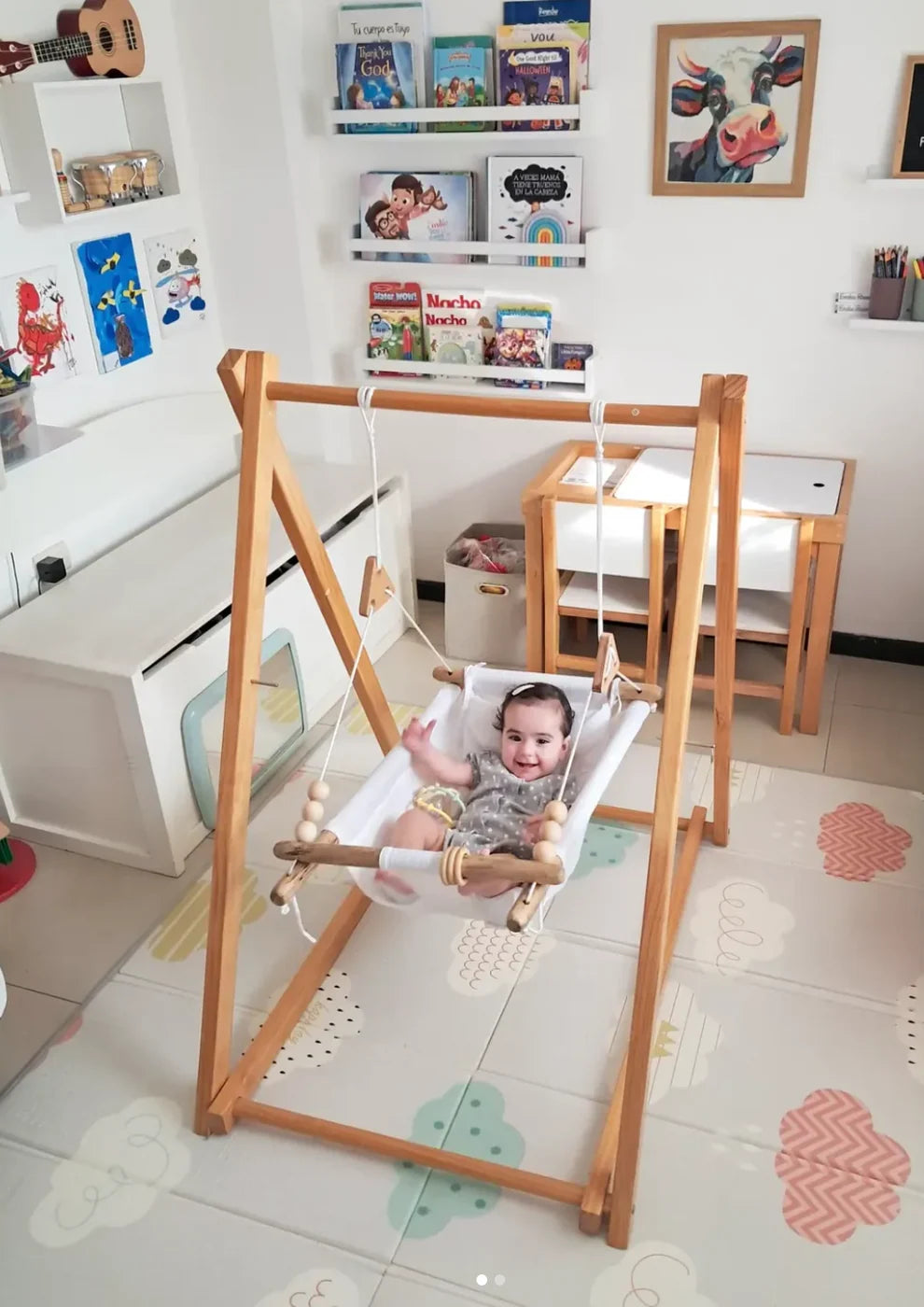 Baby  swing 6-36 months; foldable baby swing, wooden baby swing, indoor baby swing with stand (Gray)