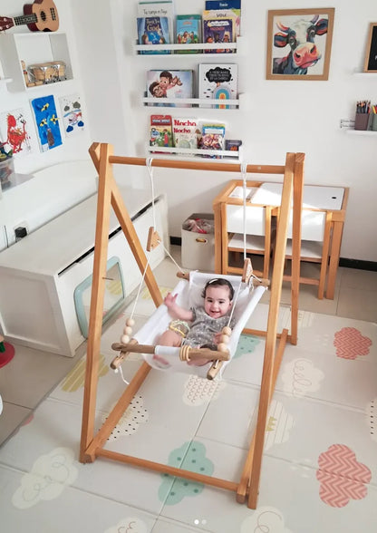Baby  swing 6-36 months; foldable baby swing, wooden baby swing, indoor baby swing with stand (Gray)